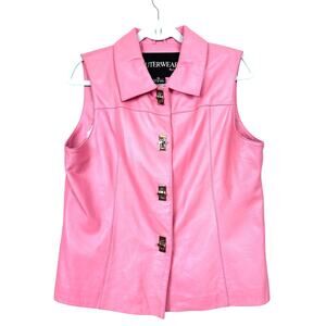 Outerwear By Lisa Womens M Pink 100% Lambskin Leather Button Up Vest NEW